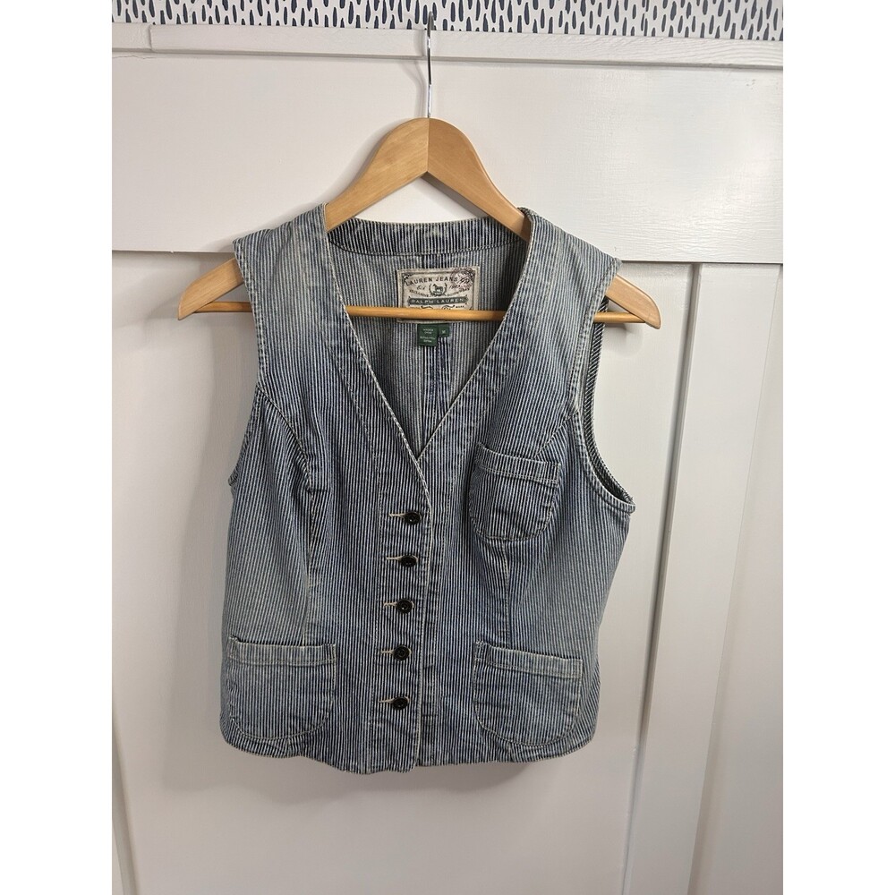 Ralph Lauren Lauren Jeans Co. Women's Striped Button Front Blue Vest Pockets M